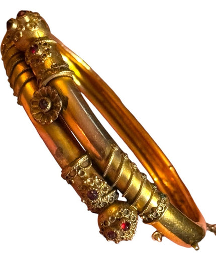 Antique Victorian Era Yellow Gold Filled & Garnet Etruscan Revival Bypass bangle