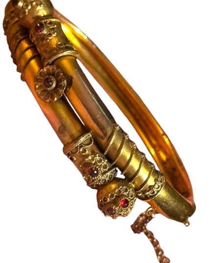 Antique Victorian Era Yellow Gold Filled & Garnet Etruscan Revival Bypass bangle