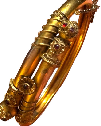Antique Victorian Era Yellow Gold Filled & Garnet Etruscan Revival Bypass bangle