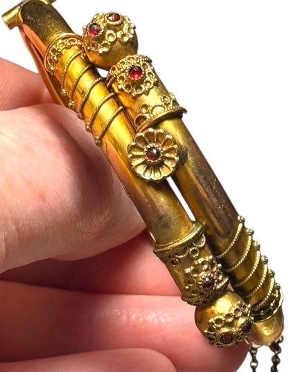 Antique Victorian Era Yellow Gold Filled & Garnet Etruscan Revival Bypass bangle