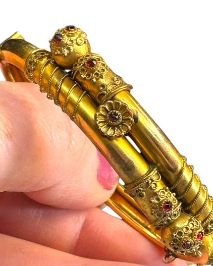 Antique Victorian Era Yellow Gold Filled & Garnet Etruscan Revival Bypass bangle