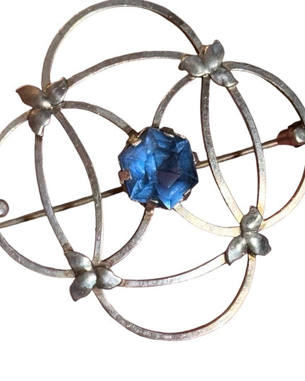 Vintage PGS sterling Silver CELTIC design Scottish Brooch with Blue crystal