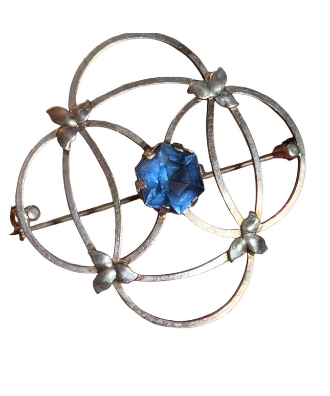 Vintage PGS sterling Silver CELTIC design Scottish Brooch with Blue crystal