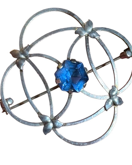 Vintage PGS sterling Silver CELTIC design Scottish Brooch with Blue crystal