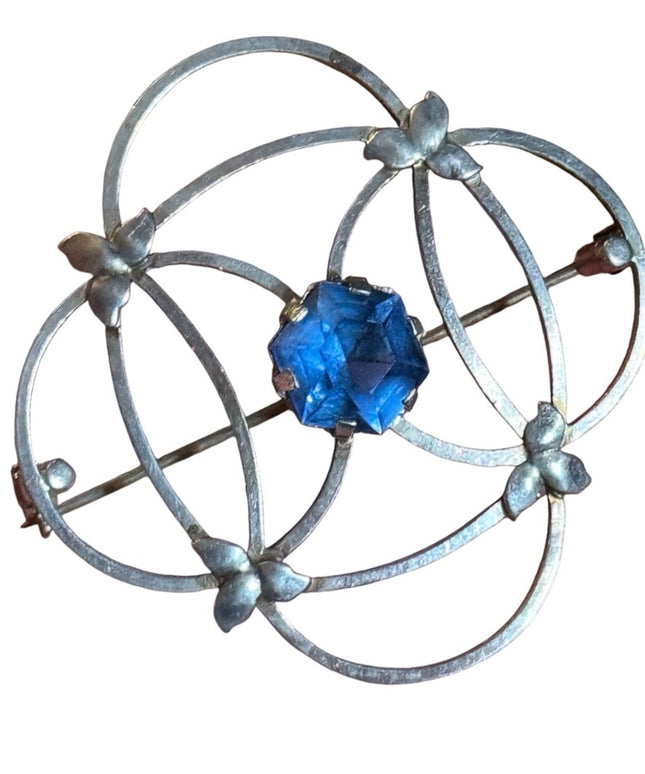 Vintage PGS sterling Silver CELTIC design Scottish Brooch with Blue crystal