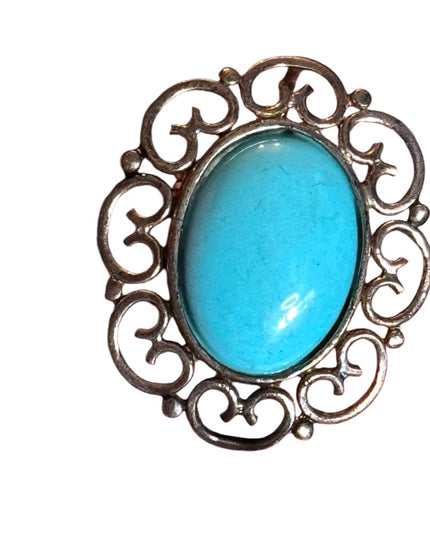 925 Silver & oval Turquoise Cabochon Pin Brooch with Scrollwork Framework