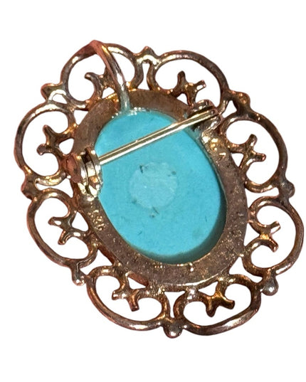 925 Silver & oval Turquoise Cabochon Pin Brooch with Scrollwork Framework