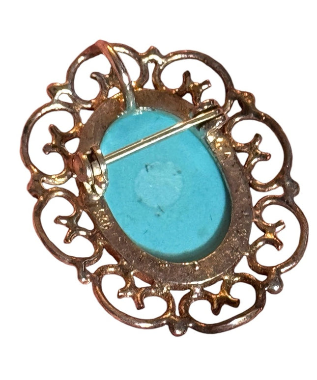 925 Silver & oval Turquoise Cabochon Pin Brooch with Scrollwork Framework