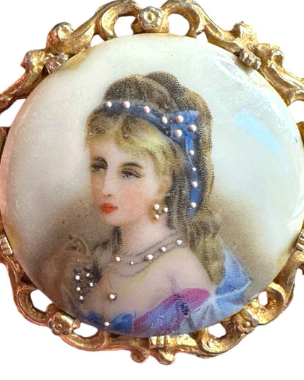 Antique  Large Ceramic Limoges hand painted  brooch miniature of a lady