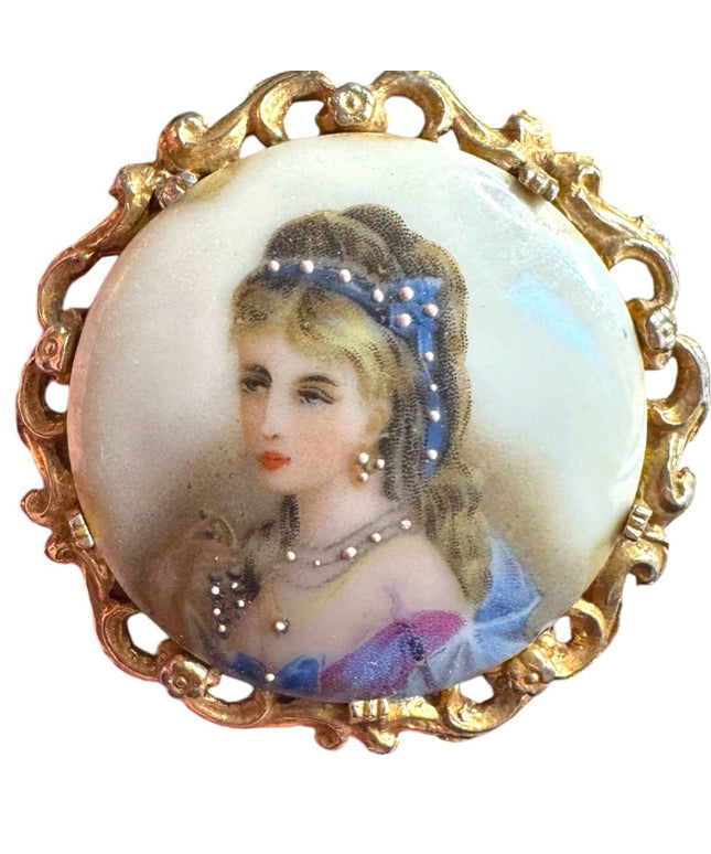 Antique  Large Ceramic Limoges hand painted  brooch miniature of a lady
