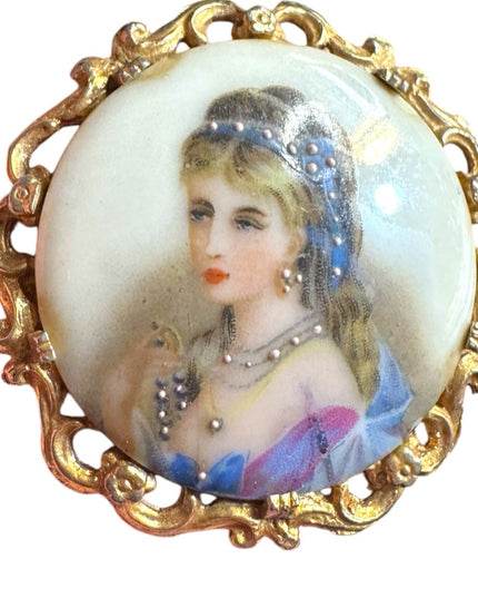 Antique  Large Ceramic Limoges hand painted  brooch miniature of a lady