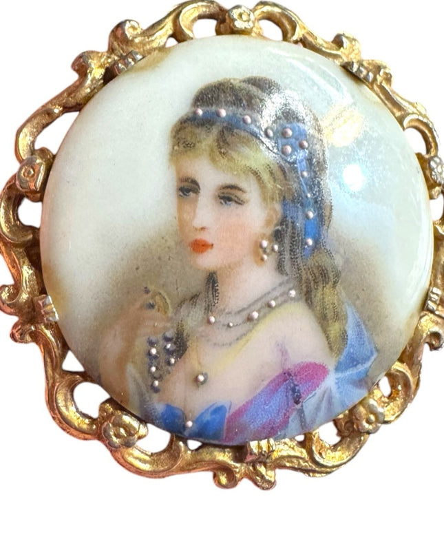 Antique  Large Ceramic Limoges hand painted  brooch miniature of a lady