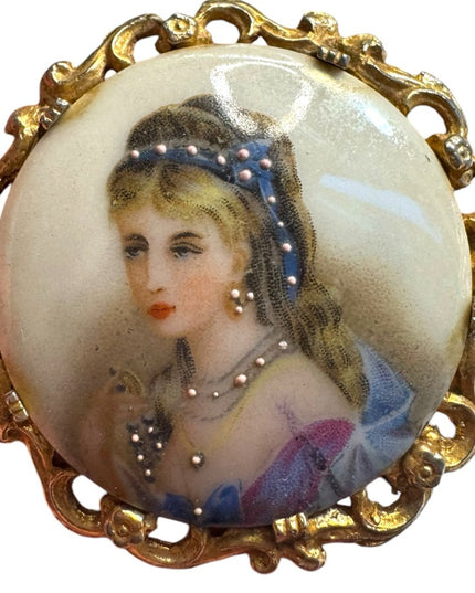 Antique  Large Ceramic Limoges hand painted  brooch miniature of a lady