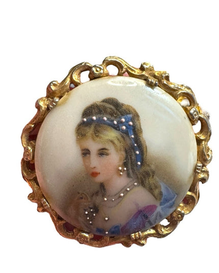 Antique  Large Ceramic Limoges hand painted  brooch miniature of a lady