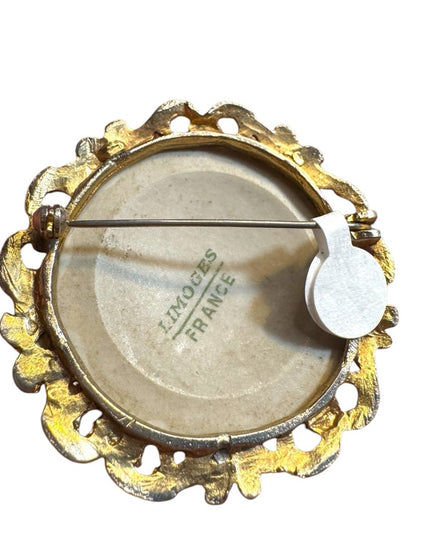Antique  Large Ceramic Limoges hand painted  brooch miniature of a lady