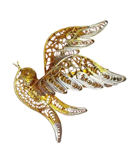 Vintage art deco style swallow Gold wash 800 Silver filagree Bird brooch
