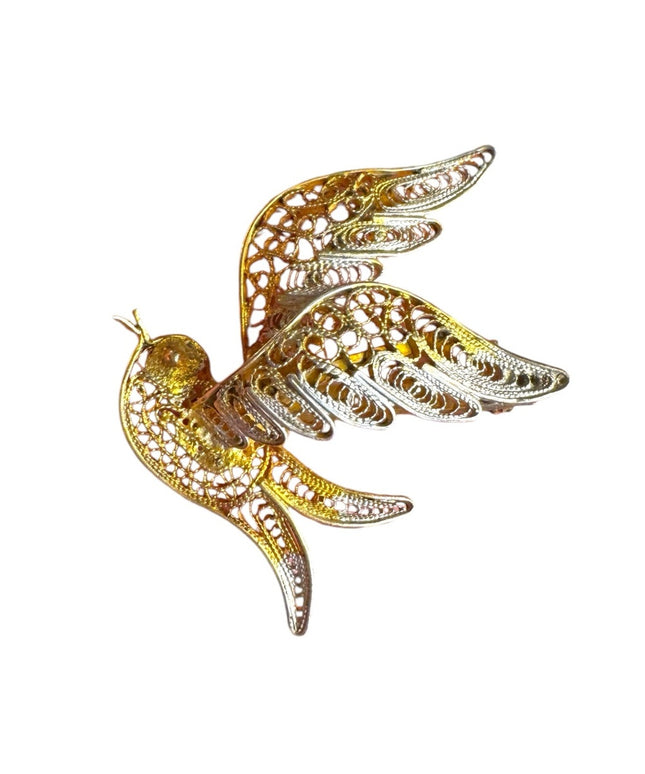 Vintage art deco style swallow Gold wash 800 Silver filagree Bird brooch