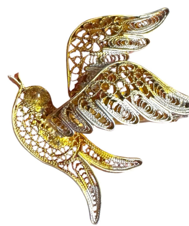 Vintage art deco style swallow Gold wash 800 Silver filagree Bird brooch