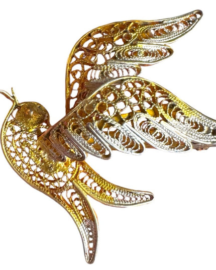 Vintage art deco style swallow Gold wash 800 Silver filagree Bird brooch