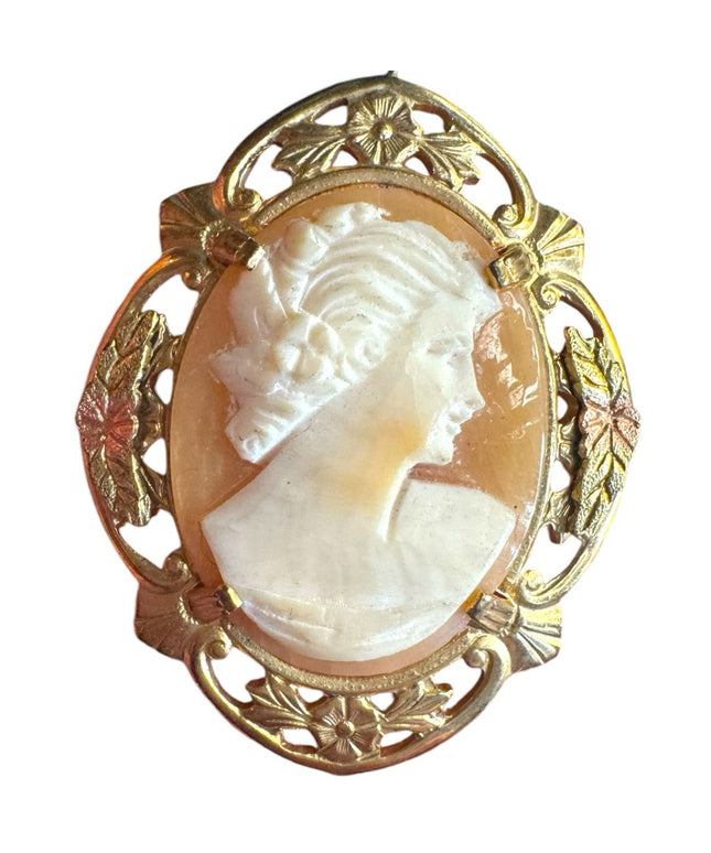 Elegant Gold filed etched bezel carved shell  Cameo Brooch