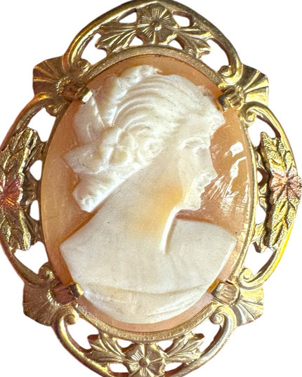 Elegant Gold filed etched bezel carved shell  Cameo Brooch