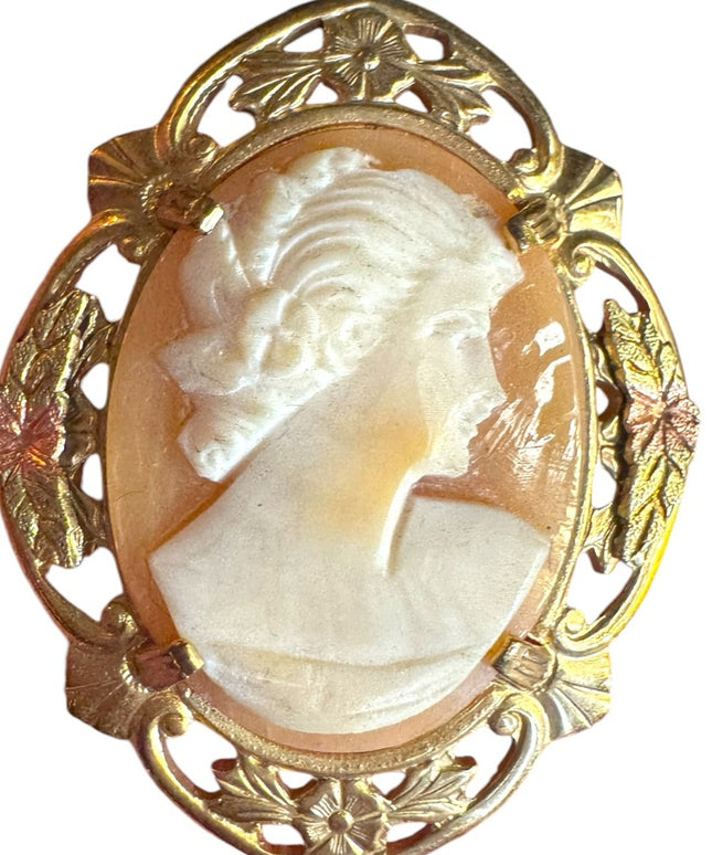 Elegant Gold filed etched bezel carved shell  Cameo Brooch
