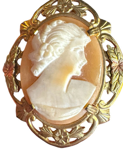 Elegant Gold filed etched bezel carved shell  Cameo Brooch