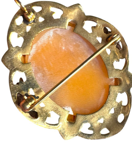 Elegant Gold filed etched bezel carved shell  Cameo Brooch