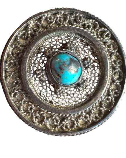Vintage Sterling Silver 935 Filigree Israel Turquoise Brooch Pendant