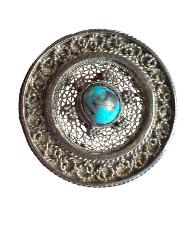 Vintage Sterling Silver 935 Filigree Israel Turquoise Brooch Pendant