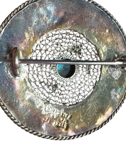 Vintage Sterling Silver 935 Filigree Israel Turquoise Brooch Pendant