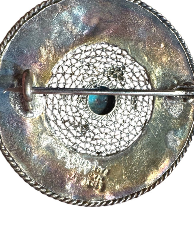 Vintage Sterling Silver 935 Filigree Israel Turquoise Brooch Pendant