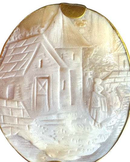 Antique Victorian Estate HUGE Scenic carved shell Cameo Pin gold pichbeck