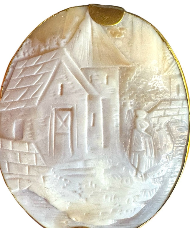 Antique Victorian Estate HUGE Scenic carved shell Cameo Pin gold pichbeck