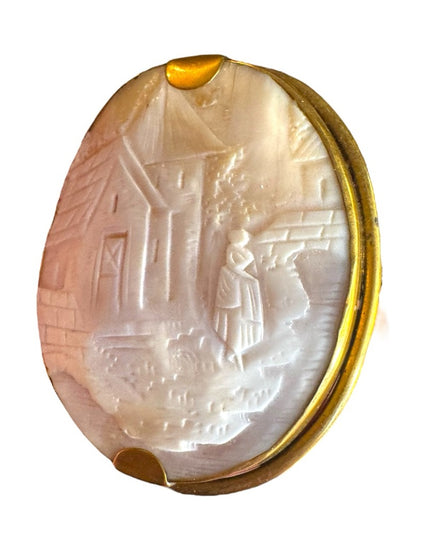 Antique Victorian Estate HUGE Scenic carved shell Cameo Pin gold pichbeck