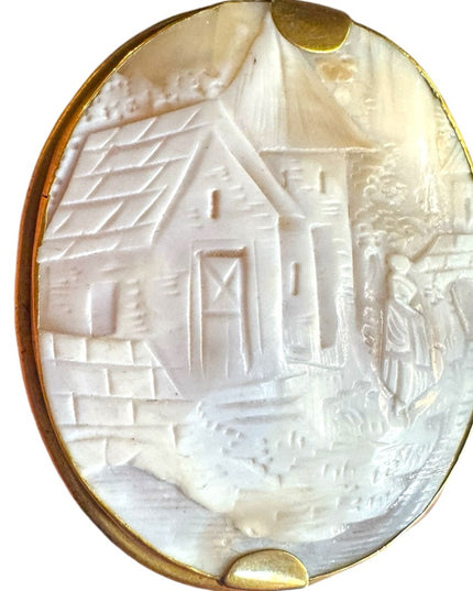 Antique Victorian Estate HUGE Scenic carved shell Cameo Pin gold pichbeck