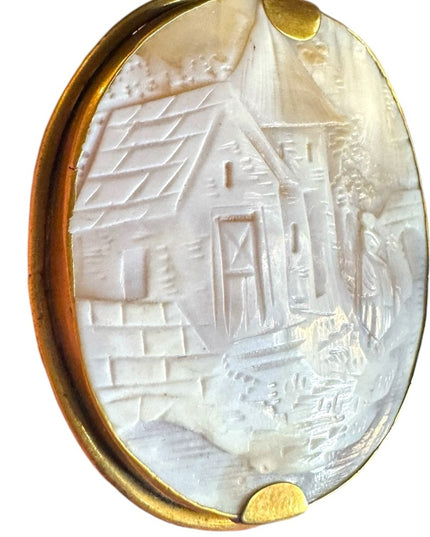 Antique Victorian Estate HUGE Scenic carved shell Cameo Pin gold pichbeck