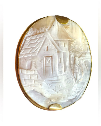 Antique Victorian Estate HUGE Scenic carved shell Cameo Pin gold pichbeck