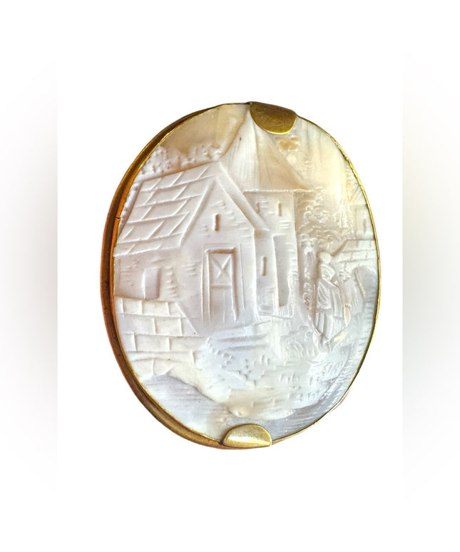 Antique Victorian Estate HUGE Scenic carved shell Cameo Pin gold pichbeck