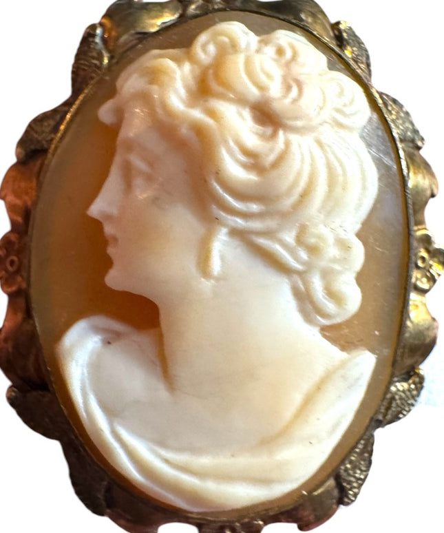 Vintage good filled shell Cameo Brooch ornate leaf bezel