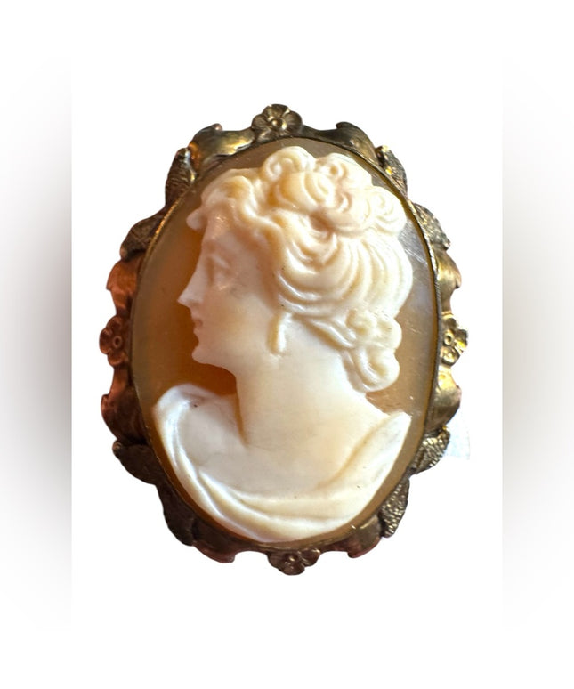 Vintage good filled shell Cameo Brooch ornate leaf bezel