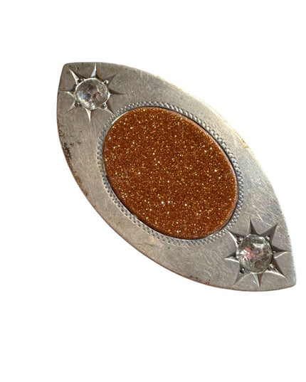 Antique modernist art deco Goldstone Brooch with Silver Accents