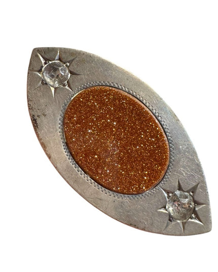 Antique modernist art deco Goldstone Brooch with Silver Accents