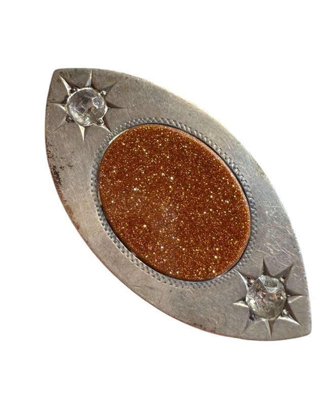 Antique modernist art deco Goldstone Brooch with Silver Accents