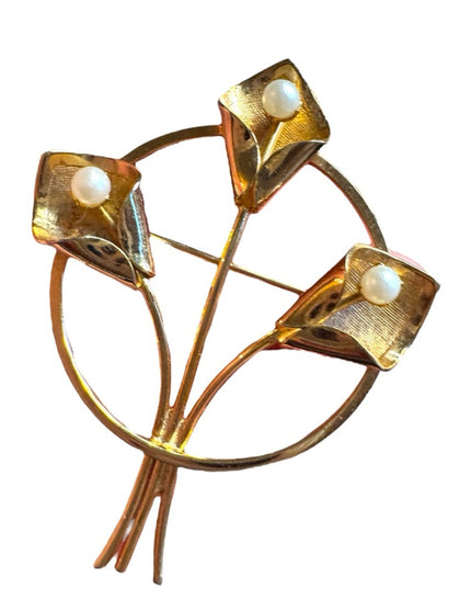 Elegant Good Filled Boyd Bond Gold Floral Brooch with Pearls Vintage