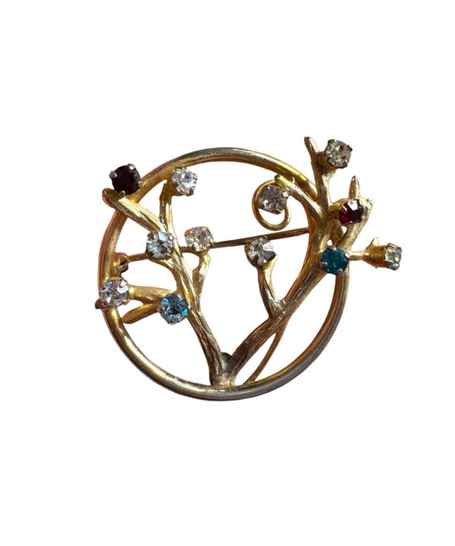 Elegant vintage 10k Gold filled Floral Brooch with Multicolor crystal Accents