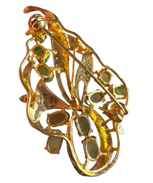 Vintage Elegant Gold plated and Green Apple Jadite Leaf Brooch