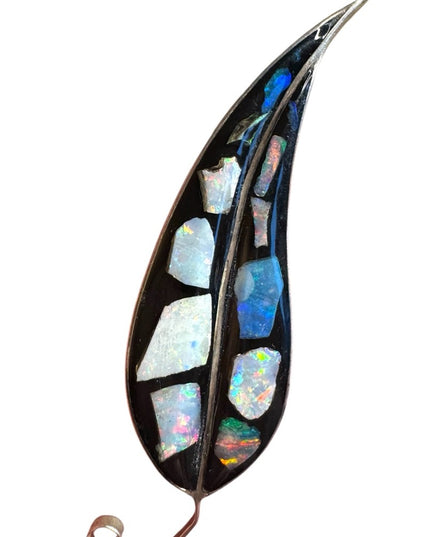 Vintage silver finish Opal Inlay Leaf Brooch