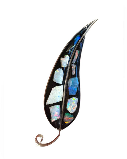 Vintage silver finish Opal Inlay Leaf Brooch