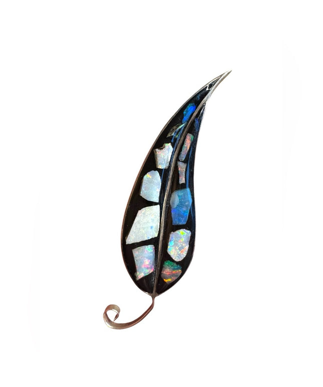 Vintage silver finish Opal Inlay Leaf Brooch
